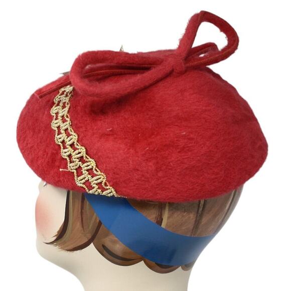 Vintage Hat Red Cascasine Fur Metallic Trim Big Bow Gage Brothers Tag - Hey Viv - Picture 3 of 9